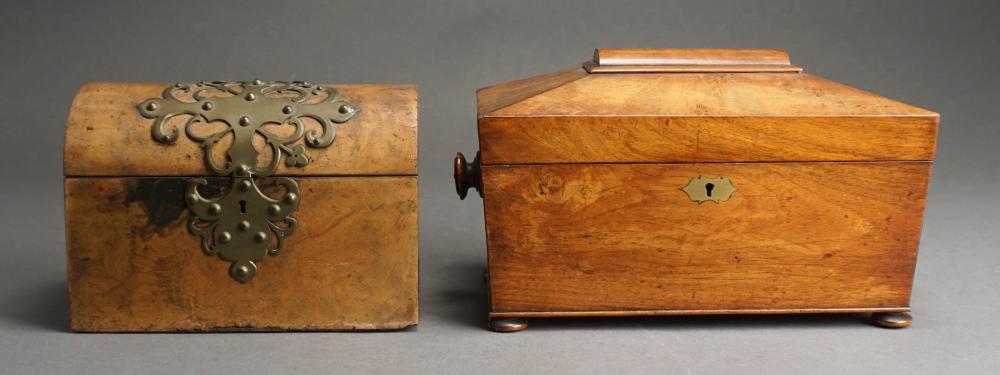 TWO WOOD TEA CADDIES, LARGER: 7 1/2