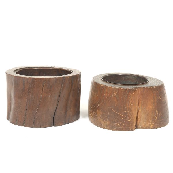 TWO WOOD TREE TRUNK PLANTERS  Two