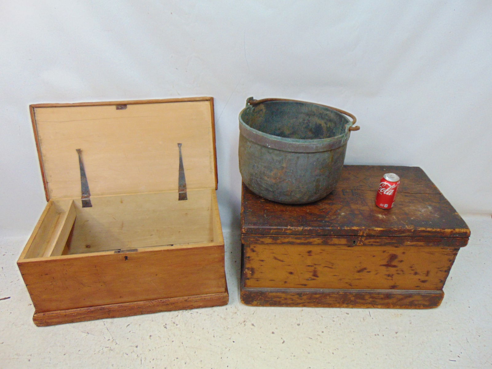 TWO WOOD TRUNKS, CHESTS & COPPER