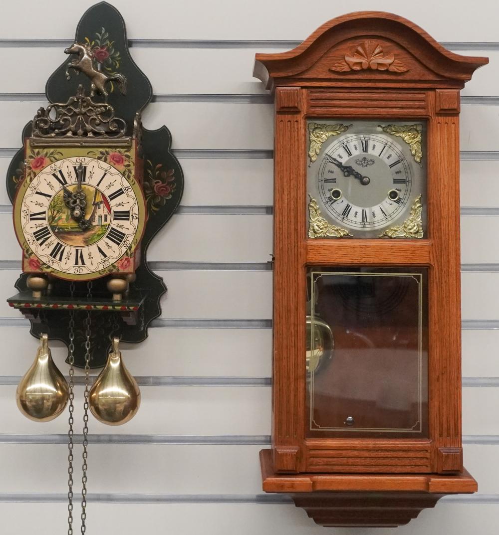 TWO WOOD WALL CLOCKS, H OF