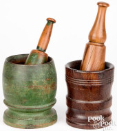 TWO WOODEN MORTAR AND PESTLES,