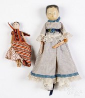 TWO WOODEN PEG DOLLS, 19TH C.T