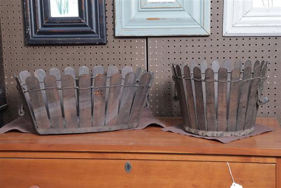 TWO WOODEN PICKET FENCE BASKETS.