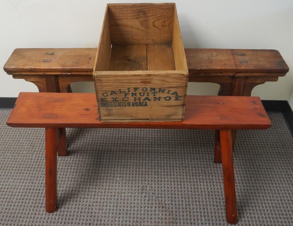 TWO WOODEN WORK BENCHES AND ONE