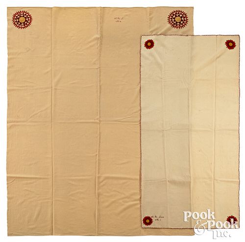 TWO WOOL BLANKETS, EMBROIDERED WITH