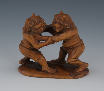 Two Wrestling Oni in Carved Wood