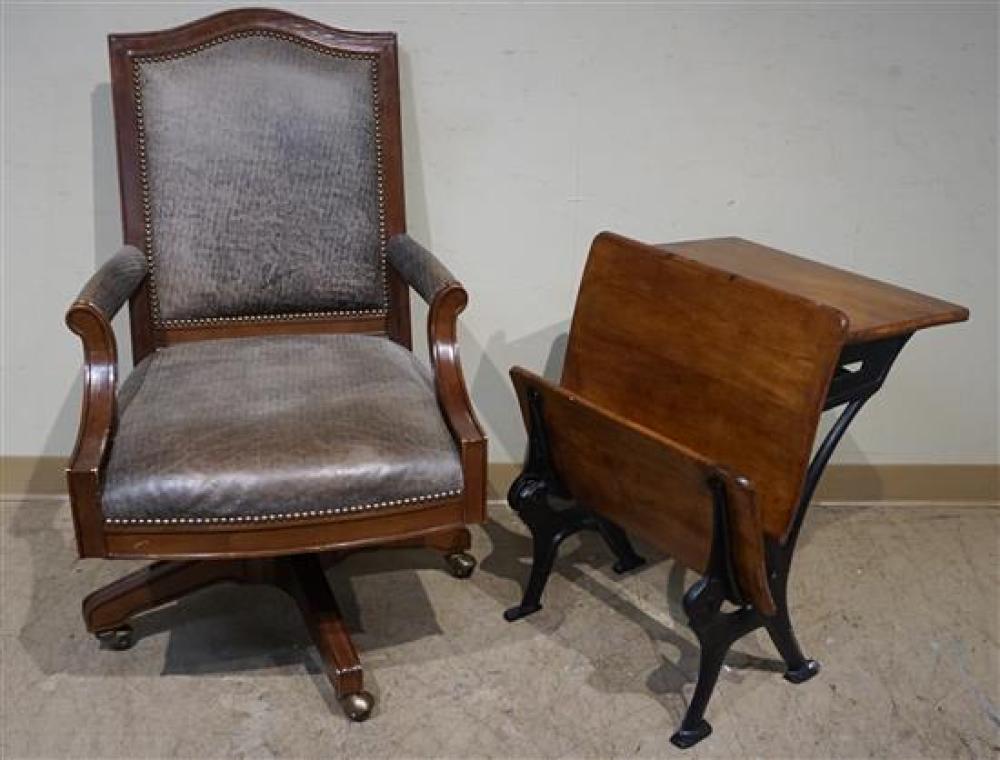 TWO WROUGHT IRON BASE MAHOGANY