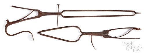 TWO WROUGHT IRON EMBER TONGS,