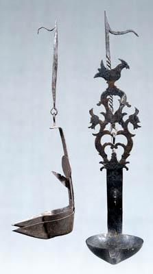 Two wrought iron hanging lamps: one
