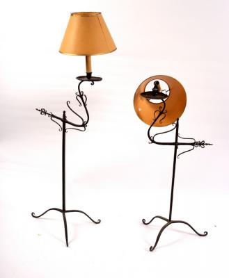 Two wrought iron single light lamps