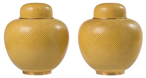TWO YELLOW CLOISONNÃ© LIDDED GINGER