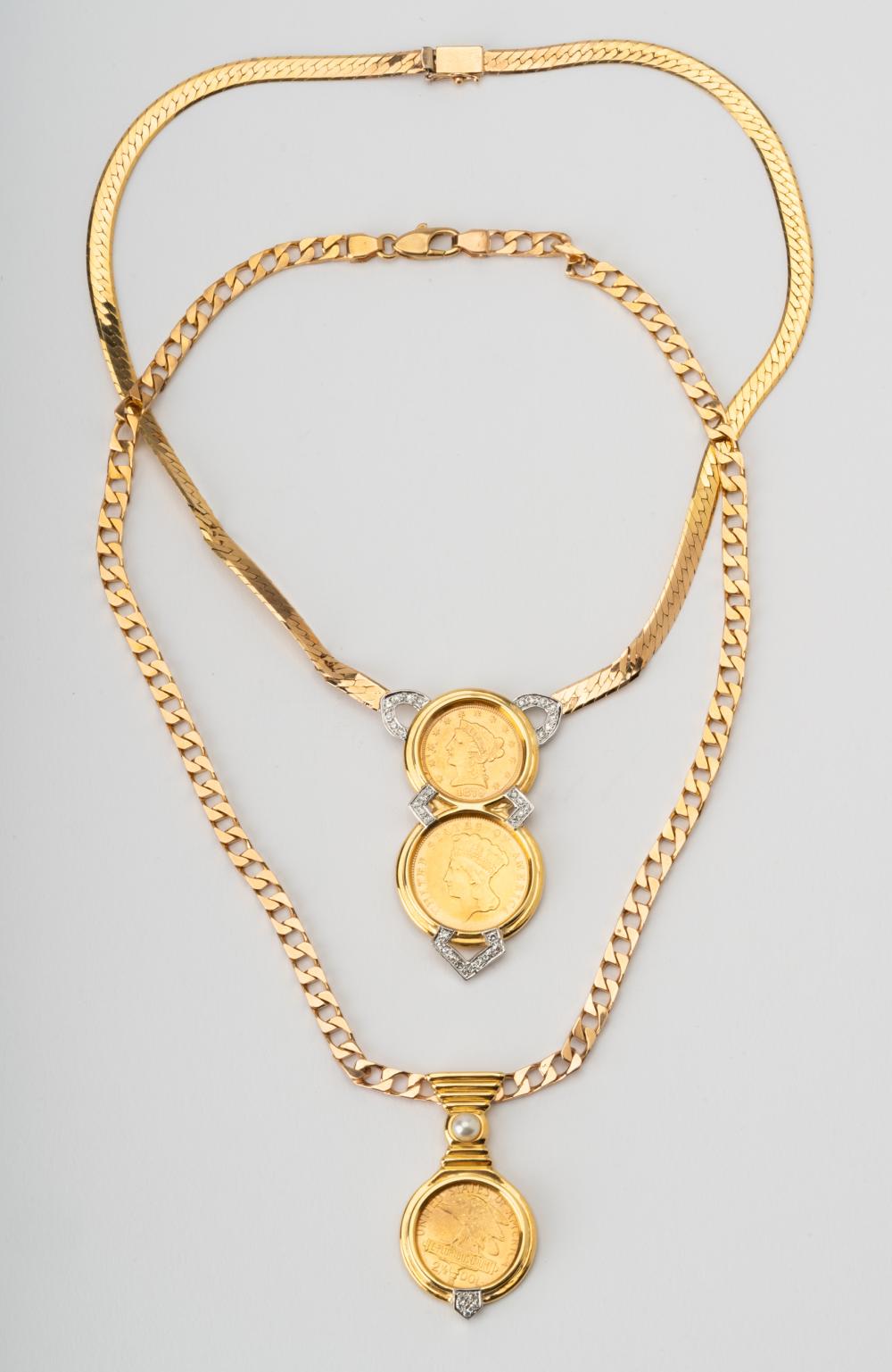 TWO YELLOW GOLD, DIAMOND, & COIN