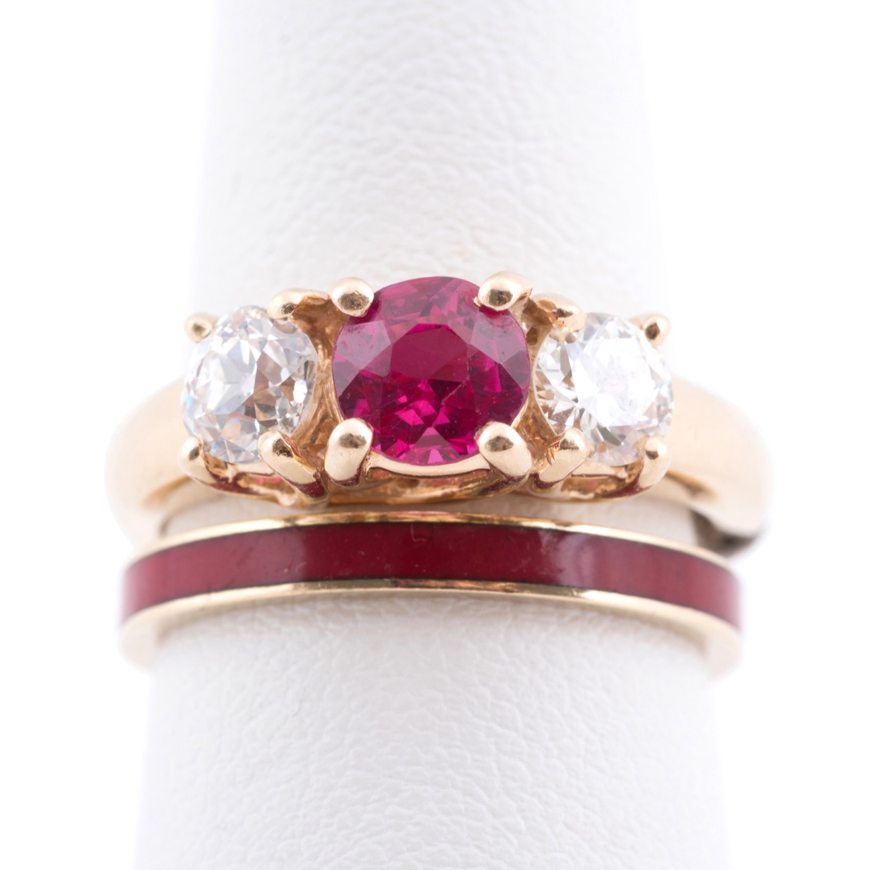 TWO YELLOW GOLD RUBY, DIAMOND &
