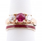 TWO YELLOW GOLD RUBY, DIAMOND