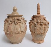 TWO ZODIAC FUNERARY JARUnglaze
