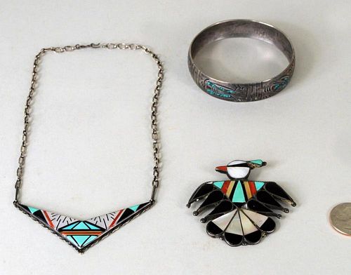 TWO ZUNI SILVER & MULTISTONE INLAID