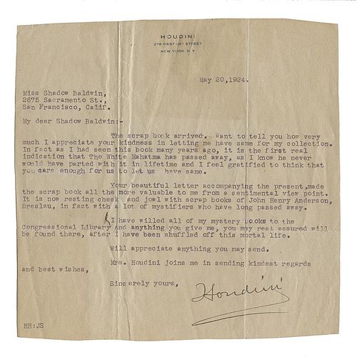 TYPED LETTER SIGNED, “HOUDINI,”
