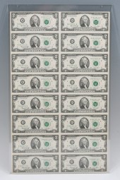 UNCUT SHEET OF $2 BILLS: A she