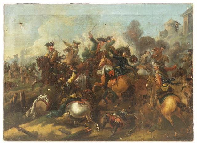 UNFRAMED CAVALRY BATTLE PAINTING,