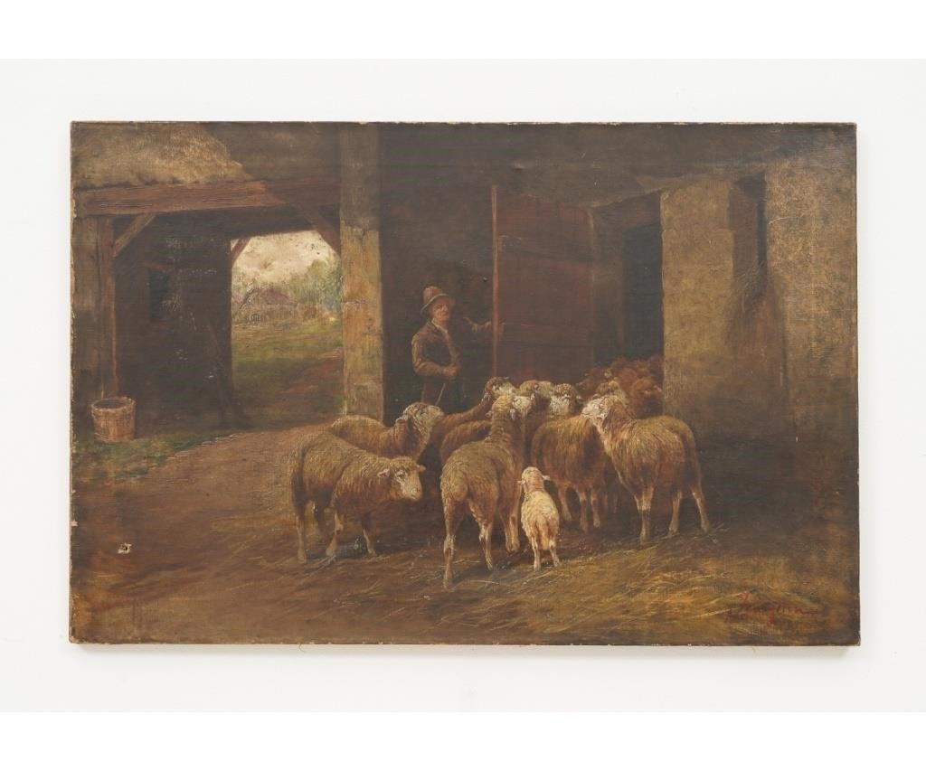 Unframed oil on canvas of sheep and