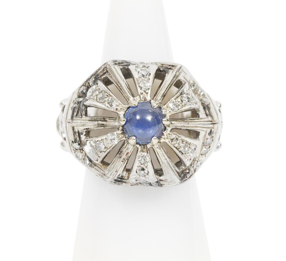 UNISEX 14K WG, CABOCHON SAPPHIRE