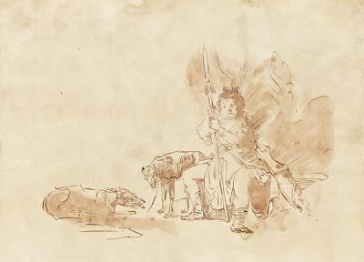 Unsigned Sepia Ink Drawing Diana