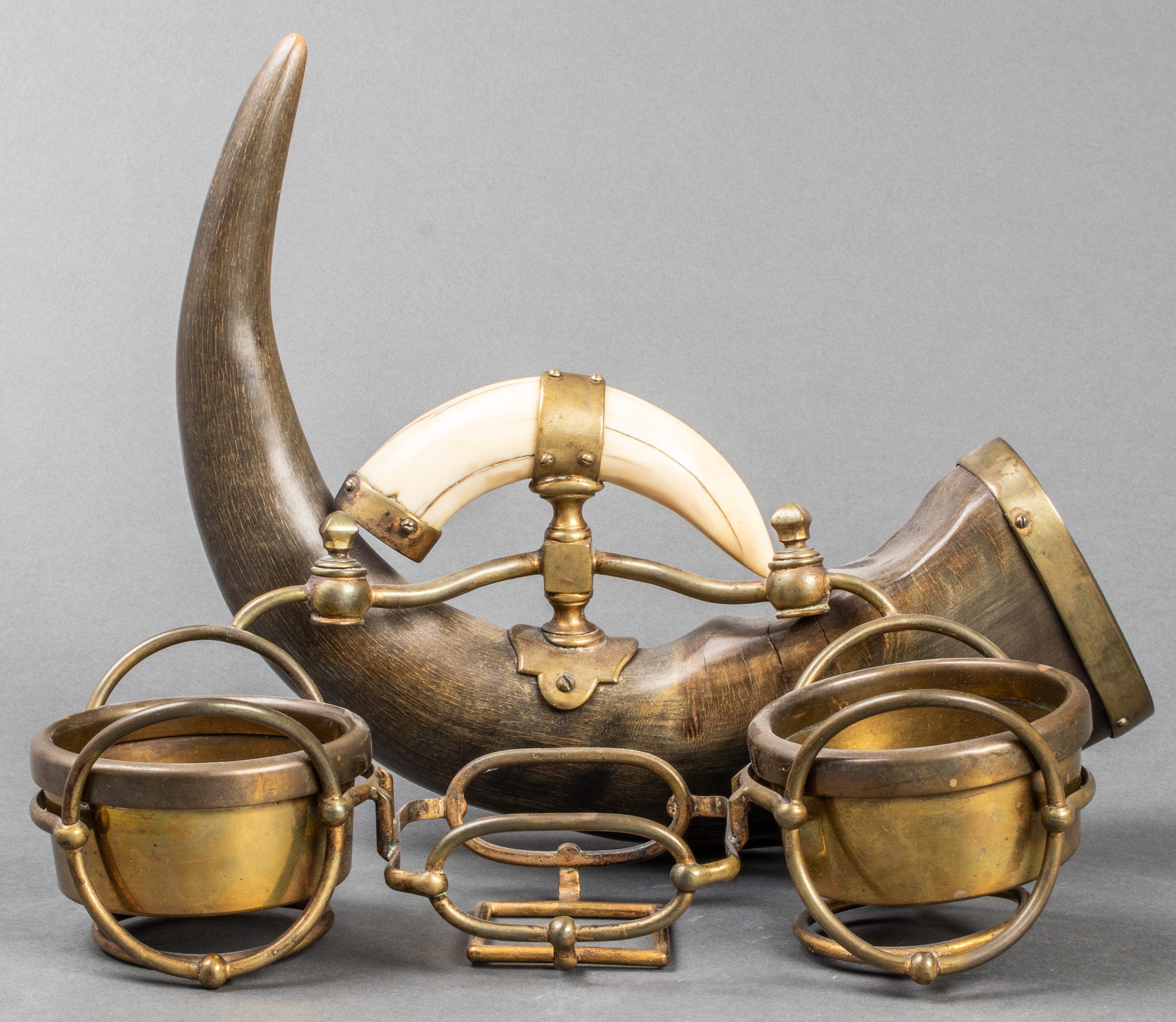 UNUSUAL HORN & BRASS CADDY W BOAR