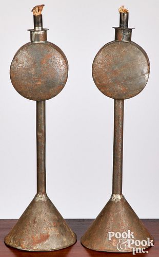 UNUSUAL PAIR OF TIN FLUID LAMPS,