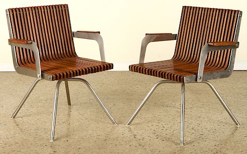UNUSUAL PAIR TEAK AND STEEL SLATTED