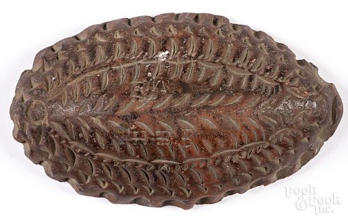 UNUSUAL REDWARE FOOD MOLD, 19TH