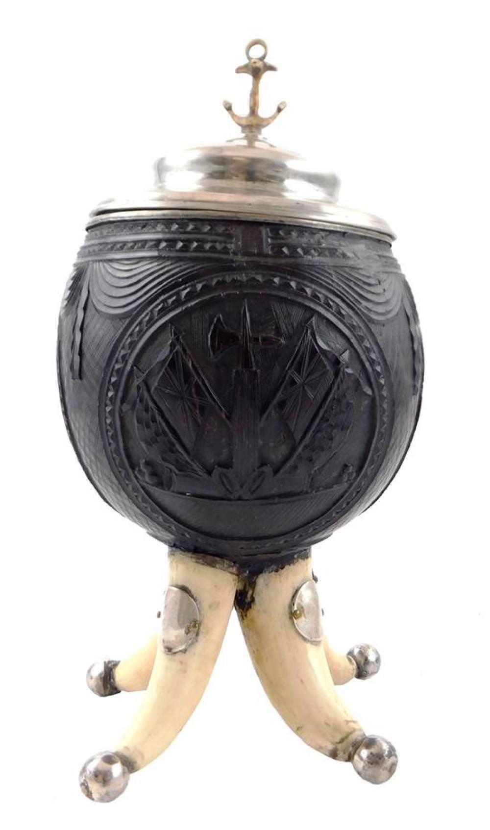 UNUSUAL SAILOR CARVED COCONUT SHELL
