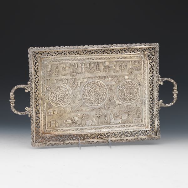 UNUSUAL SILVER TRAY WITH HANDLES 