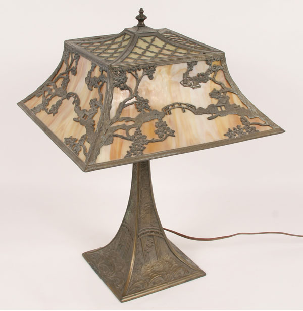 Unusual slag glass lamp, angled