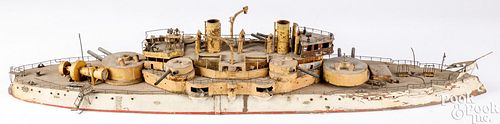 UNUSUAL TIN AND WOOD BATTLESHIP
