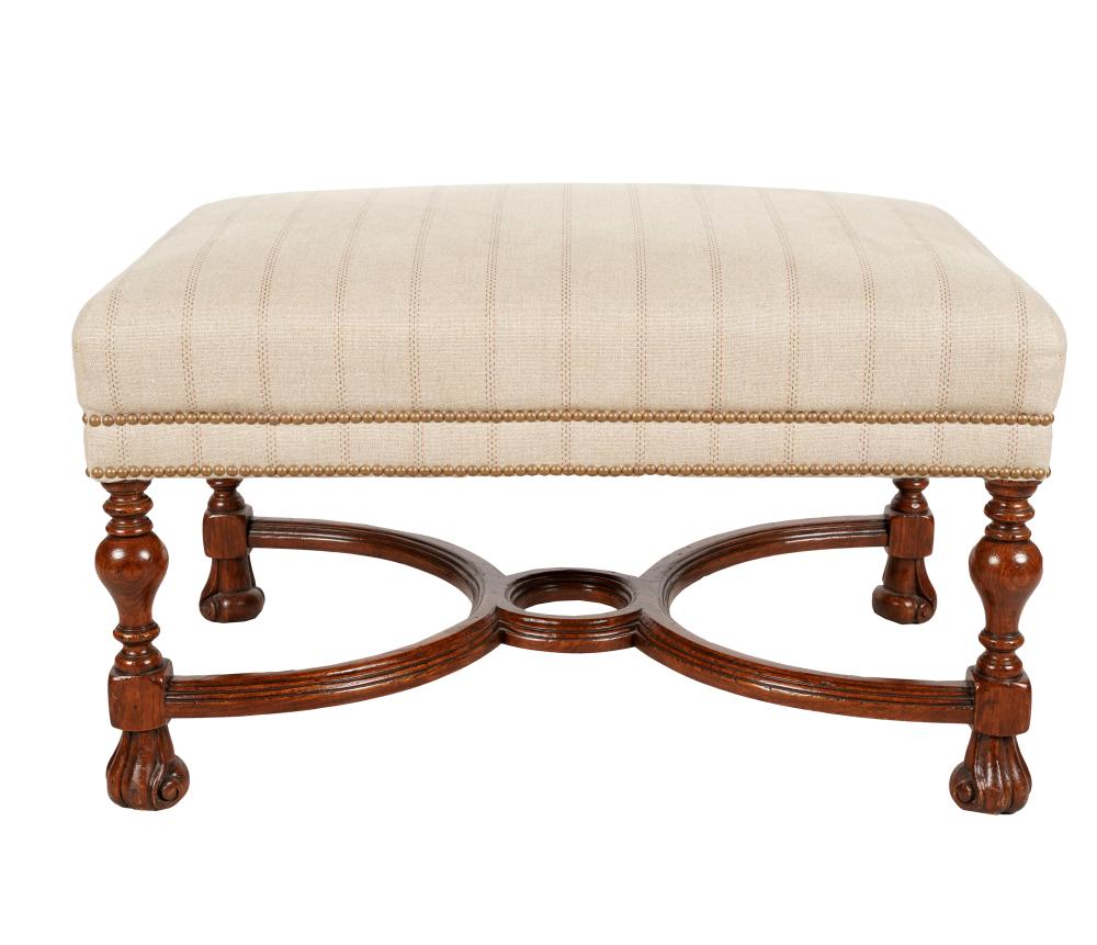UPHOLSTERED CARVED OAK BENCHcovered