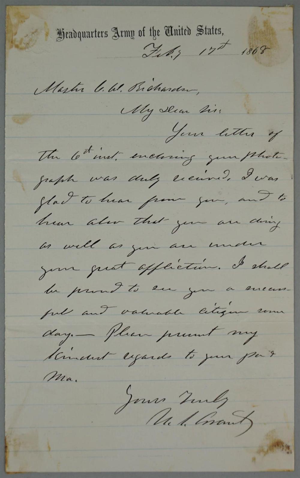 U.S. GRANT ALS TO MASTER C.W.