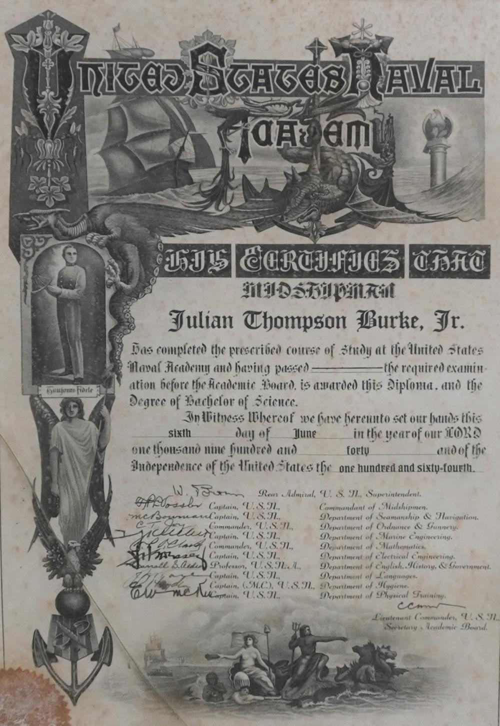 U.S. NAVAL ACADEMY DIPLOMA, 1940