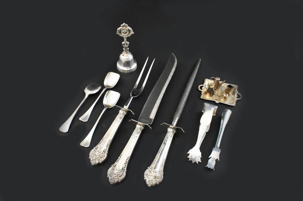 VARIOUS SILVER TABLE AND CABINET