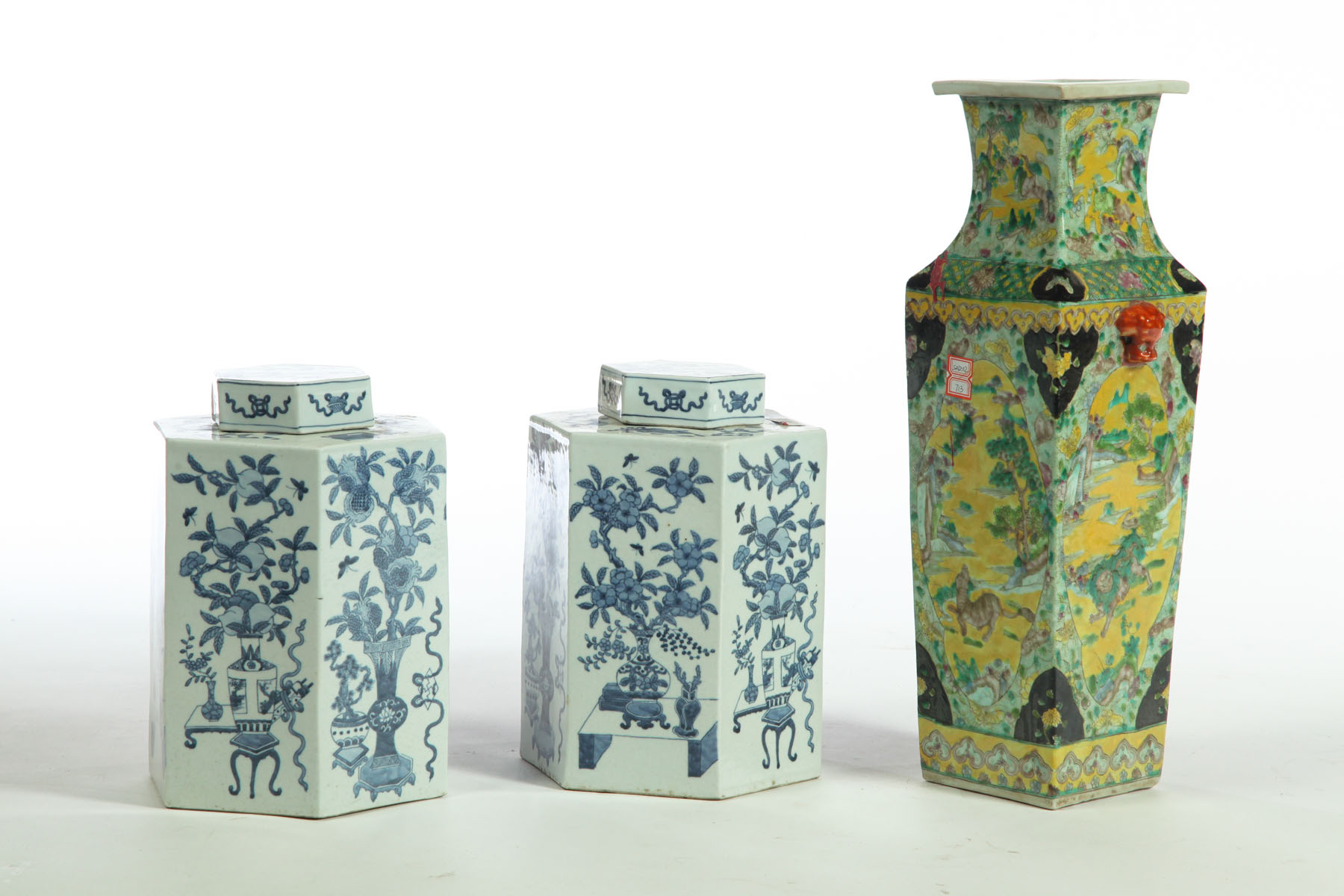 VASE AND PAIR OF TEA CANISTERS. 