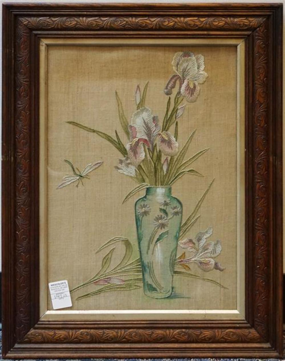 VASE OF FLOWERS, NEEDLEWORK AND