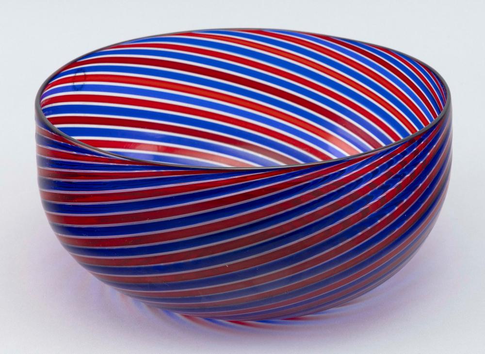 VENINI BLUE AND RED STRIPED GLASS