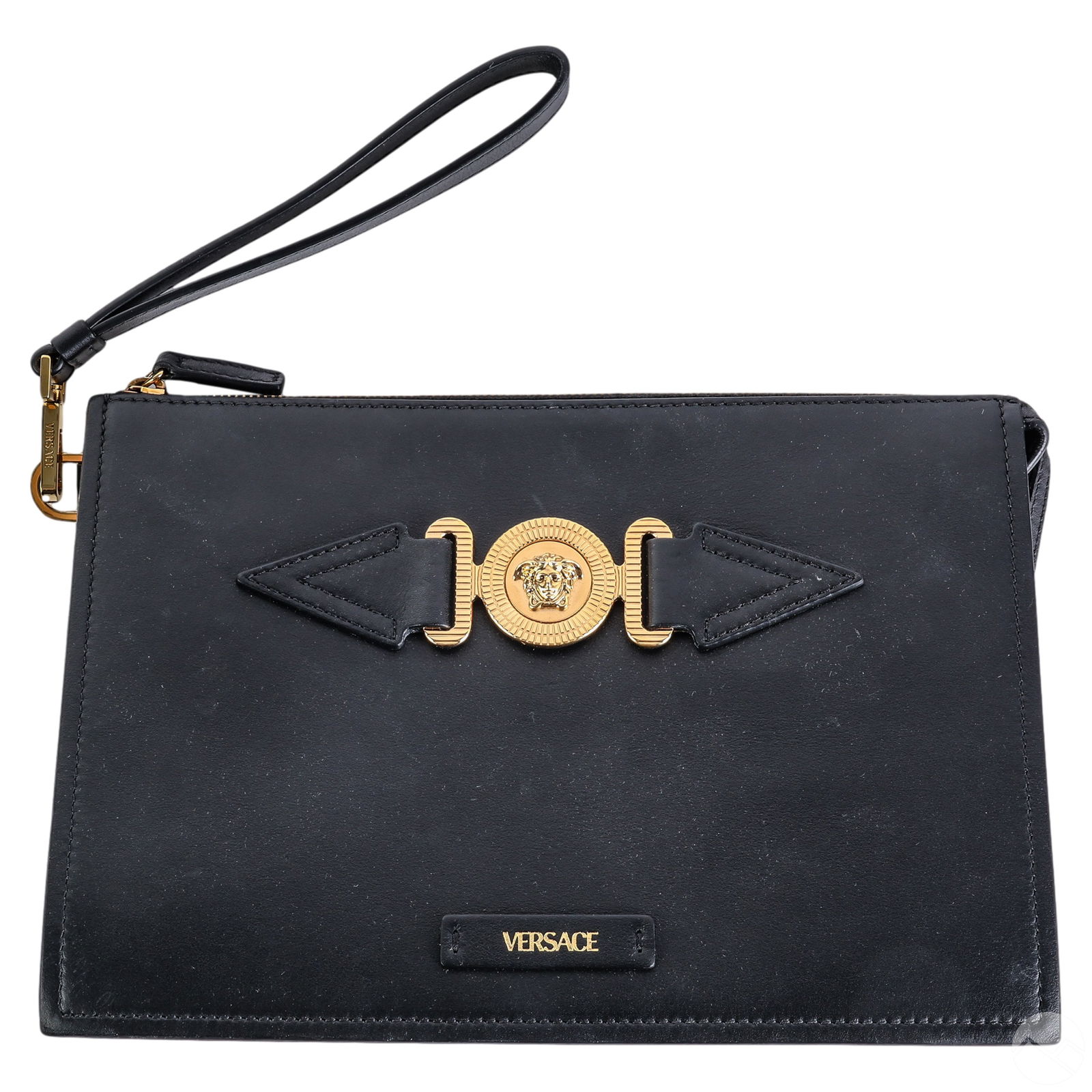 VERSACE BLACK LEATHER GILT MEDUSA