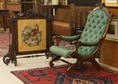 VICTORIAN ARMCHAIR AND FIREPLA