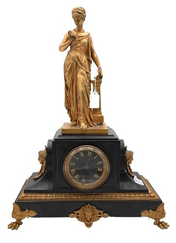 VICTORIAN BLACK SLATE MANTLE CLOCK,