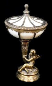 VICTORIAN BRASS AND SLAG GLASS