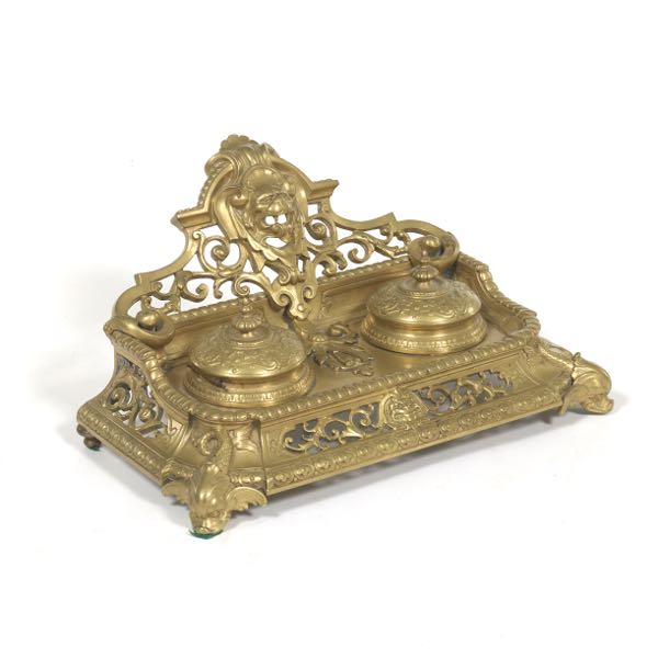 VICTORIAN BRASS INKWELL 8" thick
