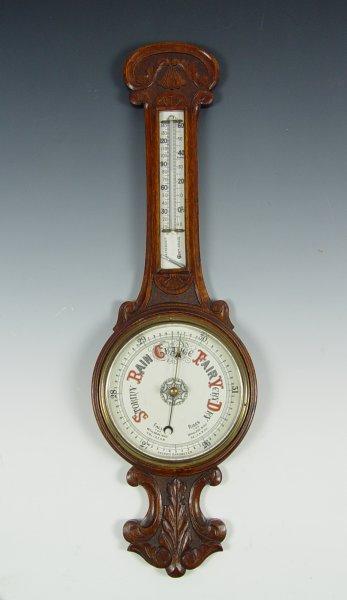 VICTORIAN CARVED OAK BAROMETER: