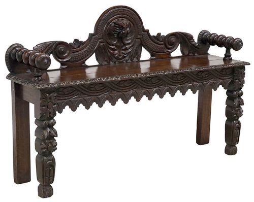 VICTORIAN CARVED OAK HALL BENCH/
