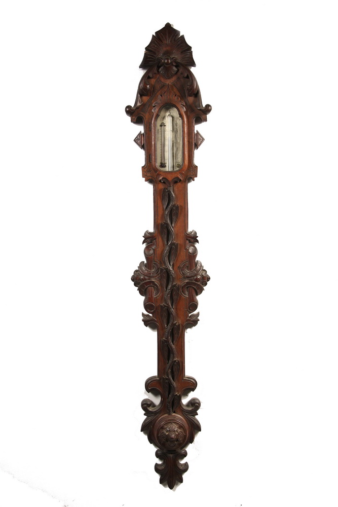 VICTORIAN CARVED WALNUT BAROMETER -