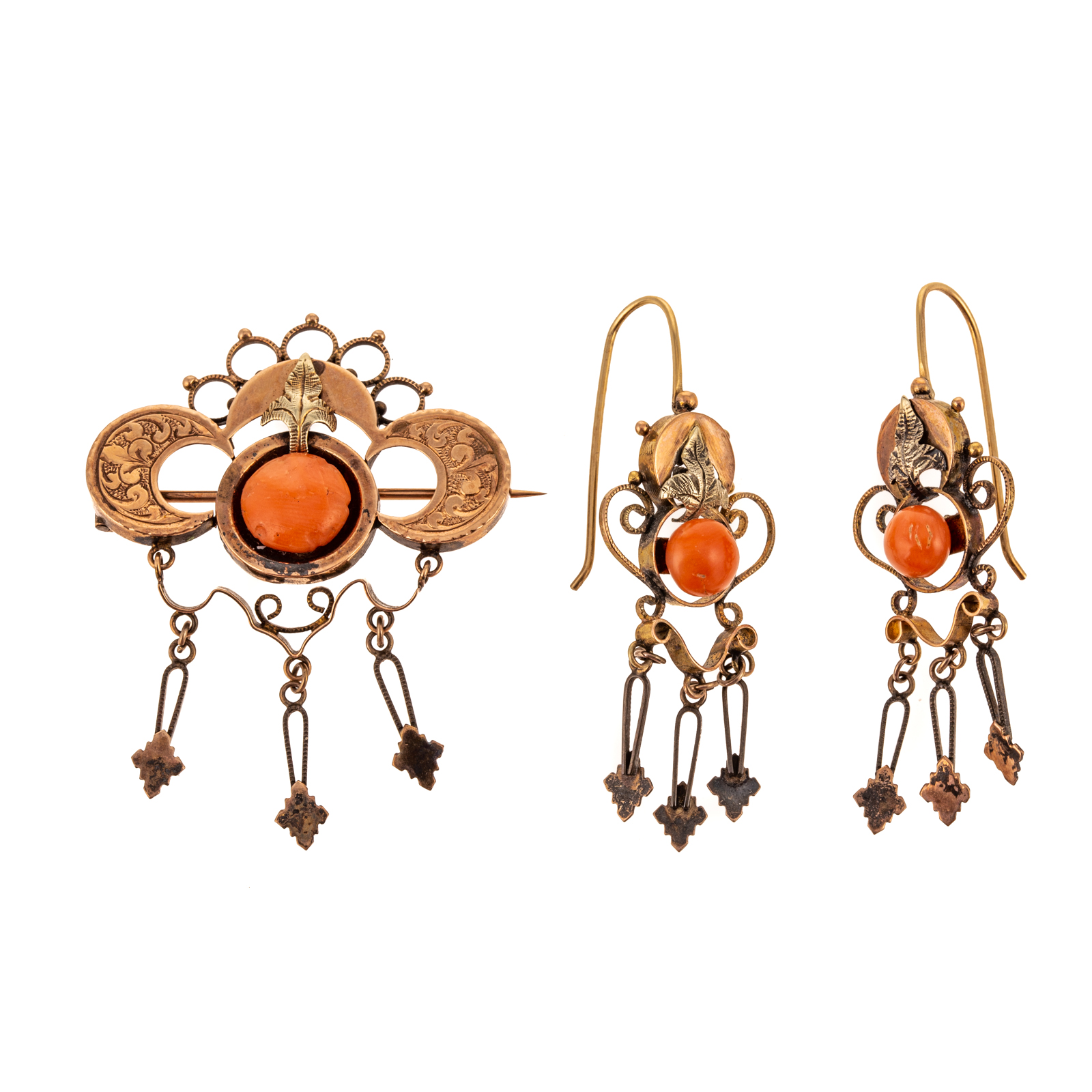 VICTORIAN CORAL EARRINGS & BROOCH